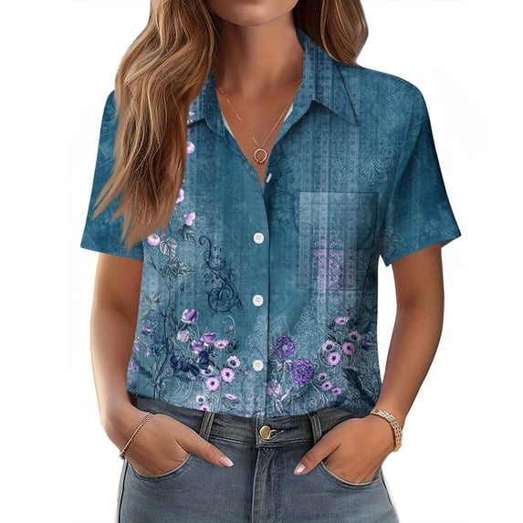Dwralegc Business Casual Tops for Women Short Sleeve Button Down Shirt Dressy Work Casual Clothes Business Summer Spring Solid Color V Neck Outfits Royal Blue L