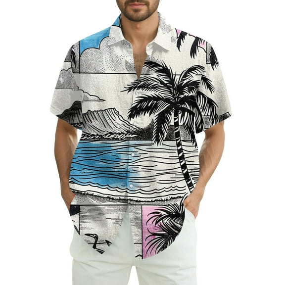 Dwralegc Button Down Shirt Men Henley Fashion Hawaii Shirts Big & Tall Floral Tropical Printed Tops Summer Short Sleeve Lapel Collar Outfit White 4XL