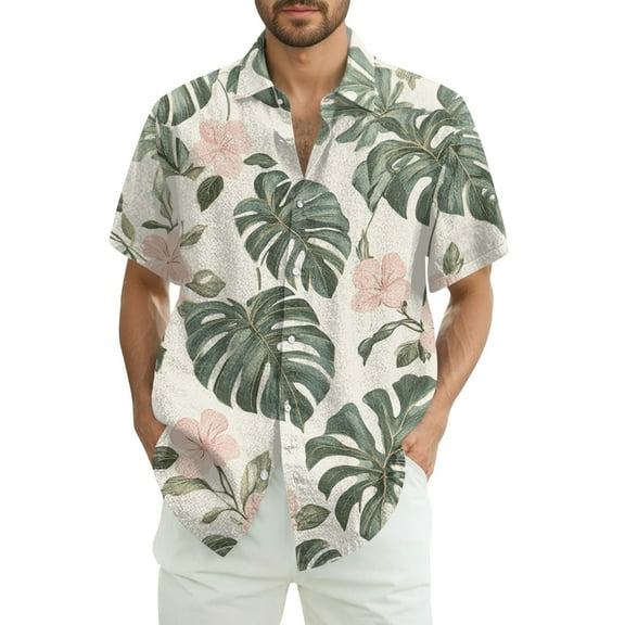 Dwralegc Button Down Shirt Men Henley Casual Beach Shirts Big & Tall Floral Tropical Printed Tops Summer Short Sleeves Lapel Collar Outfit Light Green 3XL