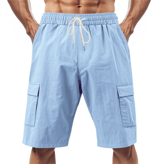 Dwralegc Cargo Shorts Men Knee Length Elastic Waist Short Athletic Casual Board Shorts Trendy Big and Tall Loose Fit Pants with Pockets Light Blue M