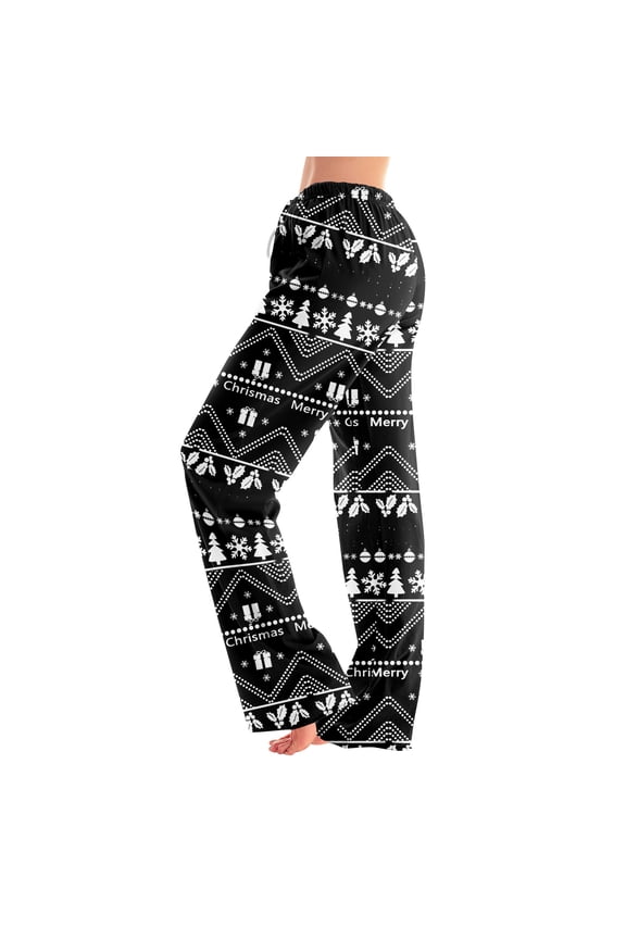 Christmas Pajama Pants Women Cute Snowflake Printed Holiday Wide Leg Pj Bottoms Loose Fit Drawstring Lounge Pj Pant Elastic Waist Comfy Winter Pj Pants with Pockets Black L