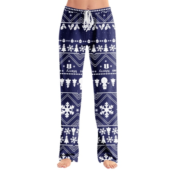 Dwralegc Christmas Pajama Pants Women Matching Snowflake Printed Winter Drawstring Pajama Bottoms Sleepwear Elastic Waist Comfy Pj Pant Wide Leg Loose Fit Holiday Pants with Pockets Navy M