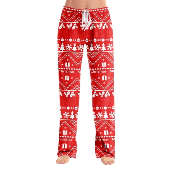 Dwralegc Christmas Pajama Pants Women Matching Xmas Printed Winter Wide Leg Pajama Bottoms Casual Drawstring Sleepwear Pj Pant Elastic Waist Soft Holiday Pants with Pockets Red M