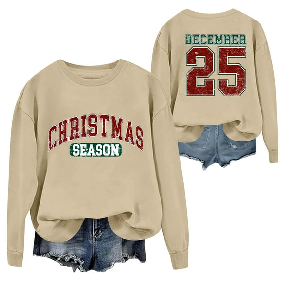 Dwralegc Christmas Sweatshirts for Women 2025 December 25 Graphic Print Xmas Crewneck Pullover Blouse Classic Casual Sweatshirts Fall Fleece Pullover Khaki L