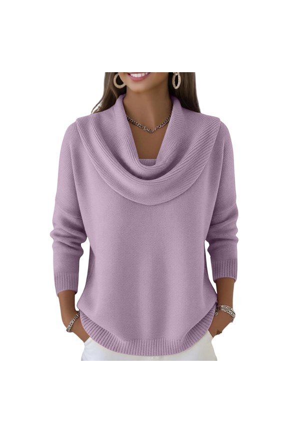 Cowl Neck Sweater for Women Cozy Solid Color Cowl Neck Knitted Clothes Long Sleeve Blouses Jumper Fashion Winter Spring Sweaters Light Purple L