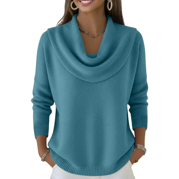 Dwralegc Cowl Neck Sweater for Women Lightweight Solid Color Jumper Knit Tops Cowl Neck Blouses Long Sleeve Cozy Autumn and Winter Sweater Light Blue L