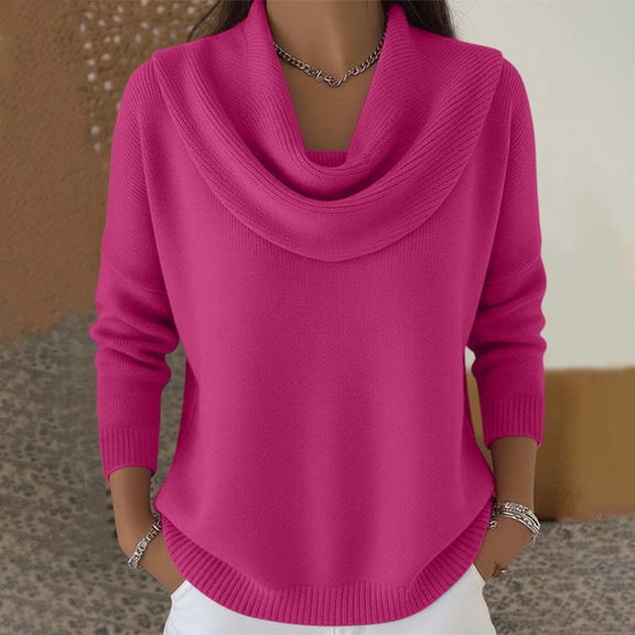 Dwralegc Cowl Neck Sweater for Women Fashion Solid Color Cowl Neck Knit Blouses Jumper Tops Long Sleeve Loose Autumn and Winter Sweater Hot Pink XL