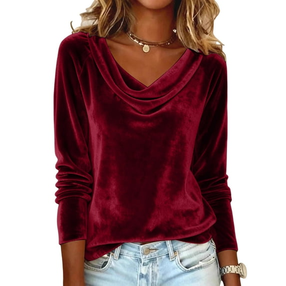 Dwralegc Cowl Neck Tops for Women Elegant Solid Cowl Neck Tshirts Holiday Party Casual Loose Pullover Shirts Dressy Trendy Clothes Wine 2XL