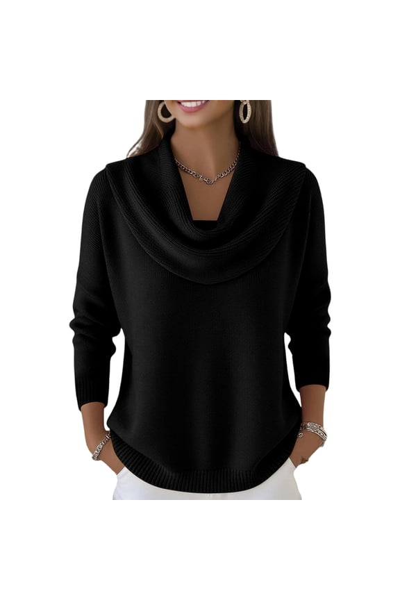 Cozy Sweaters for Women Casual Solid Color Long Sleeve Knit Blouses Cowl Neck Pullover Jumper Cozy Winter Spring Sweater Black XL