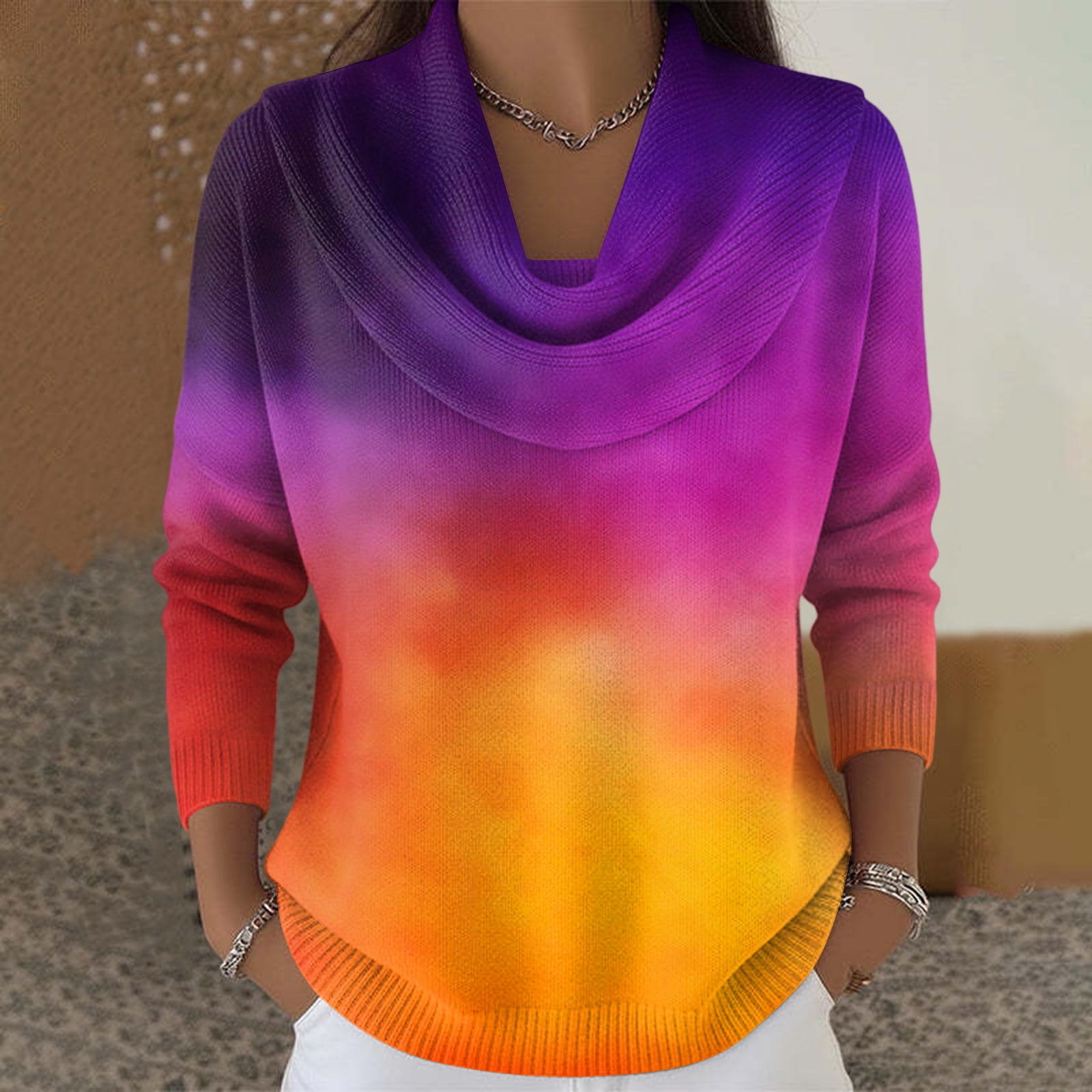 Multicolor Fall Blouses Dwralegc Cozy Sweaters for Women Lightweight Multicolor Cowl Neck Knit ...
