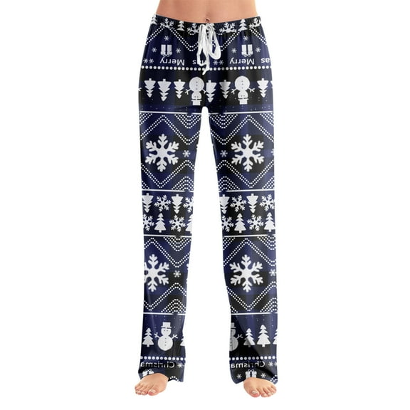 Dwralegc Cute Pajama Pants Women Matching Xmas Printed Winter Wide Leg Pajama Bottoms Sleepwear Elastic Waist Casual Pj Pant Drawstring Soft Holiday Pj Pants with Pockets Dark Blue 2XL