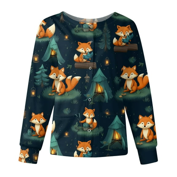 Dwralegc Dark Blue Scrub Jacket for Woman Crew Neck Long Sleeve Button up Nursing Uniforms Cute Cartoon Printed Working Lightweight Scrubs Set Dark Blue 5XL