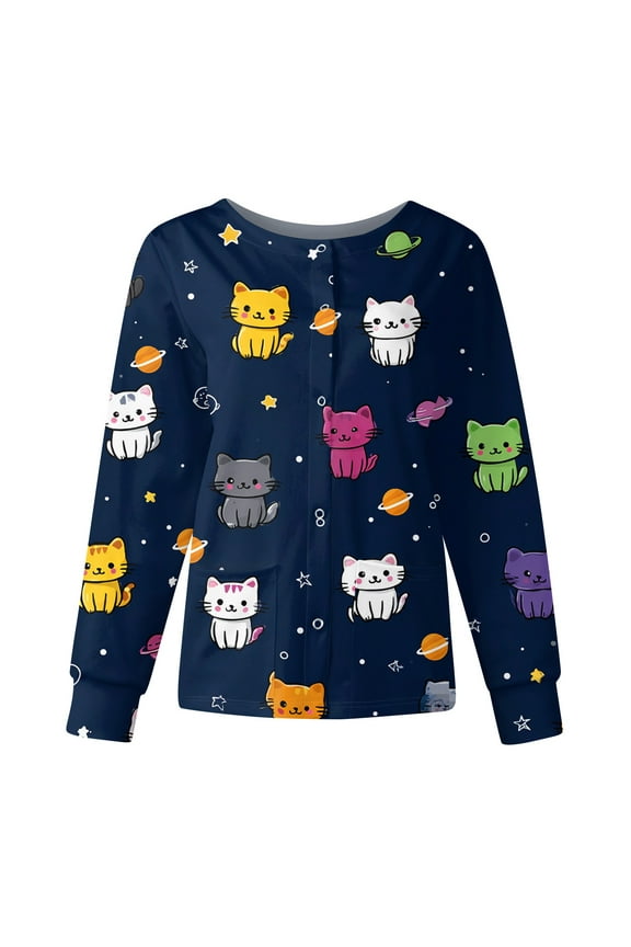 Dark Blue Scrub Jacket for Woman Long Sleeve Snap Front Warm up Medical Scrub Top Cute Cartoon Printed Nurses Working Uniform Lightweight Nurse Jacket Dark Blue L