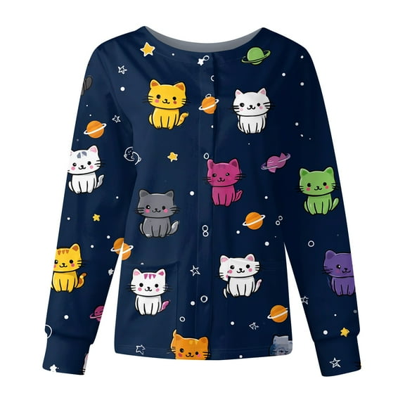 Dwralegc Dark Blue Scrubs Sets for Women Lightweight Cute Cartoon Printed Button up Long Sleeve Warm up Scrubs Sets Plus Size Nurses Working Uniform Dark Blue XL
