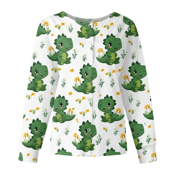 Dwralegc Dark Green Scrub Jackets for Woman Stretchy Scrubs Set Cute Cartoon Print Long Sleeve Scrub Tops Snap Front Working Nursing Uniform Dark Green 4XL