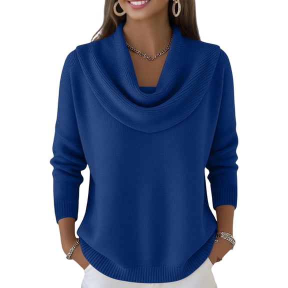 Dwralegc Elegant Holiday Sweaters for Women Cozy Solid Color Cowl Neck Knit Clothes Long Sleeve Pullover Jumper Casual Winter Spring Sweaters Dark Blue 2XL