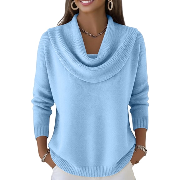 Dwralegc Elegant Holiday Sweaters for Women Fashion Solid Color Cowl Neck Knit Tops Long Sleeve Blouses Jumper Loose Fall Winter Sweater Sky Blue S