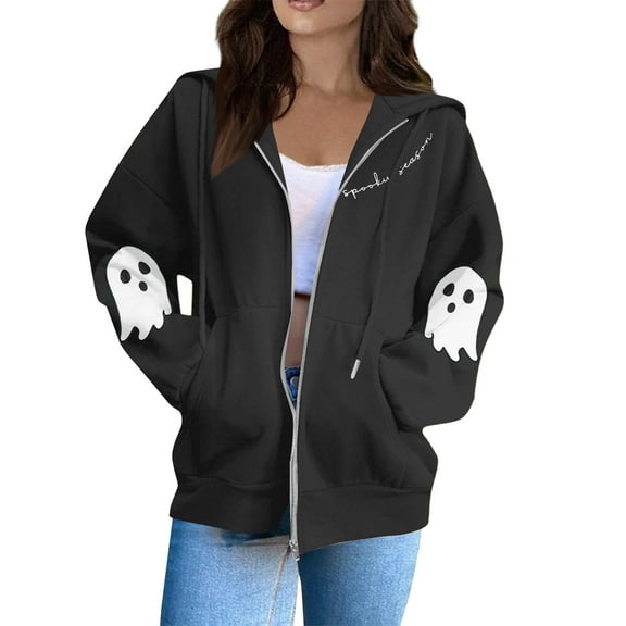 Dwralegc Fall Coats for Women 2025 Long Sleeves Hooded Sweatshirt Halloween Cute Ghost Printed Hoodies Zipper Trendy Casual Coats with Pocket Black XL
