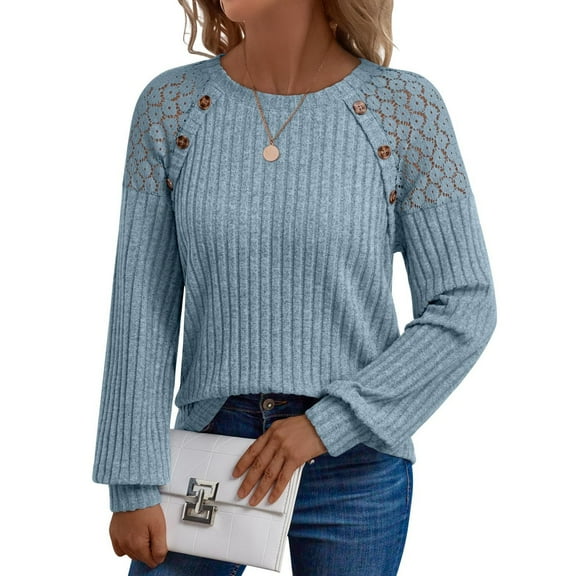 Dwralegc Fall Sweaters for Women Casual Long Sleeves Sweaters Lightweight Knitted Dressy Shirts Trendy Round Neck Fall Clothing Blue S