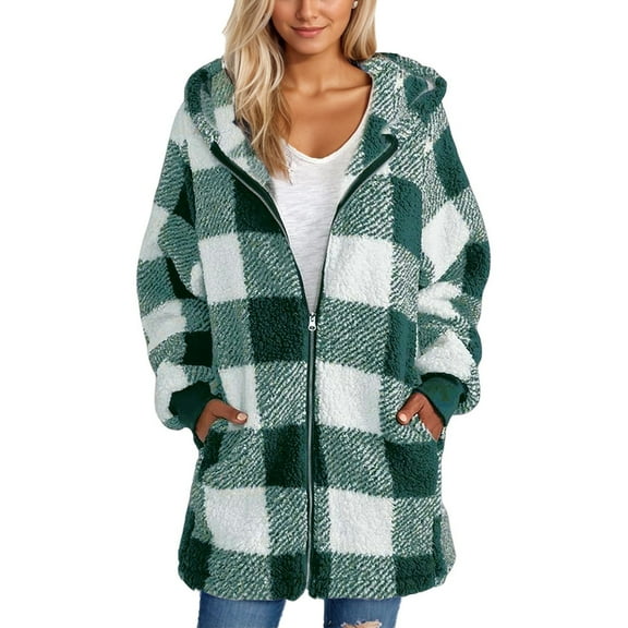 Dwralegc Flannel Jacket Women Fuzzy Fleece Zipper Jacket Loose Winter Coat Hooded Oversized Christmas Outerwear Sherpa Plaid Jackets with Pockets Clearance Green 5XL