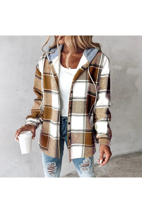 Fleece Jacket Women Plaid Button Down Shackets Fleece Lined Hooded Shacket Jackets Long Sleeve Warm Coat Christmas Winter Jacket with Pockets Clearance Orange L