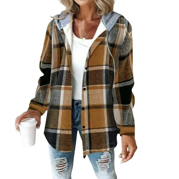 Dwralegc Fleece Jacket Women Plaid Flannel Shacket Fleece Lined Hooded Shackets Jacket Long Sleeve Warm Blouse Christmas Winter Jackets with Pockets Clearance Coffee 2XL