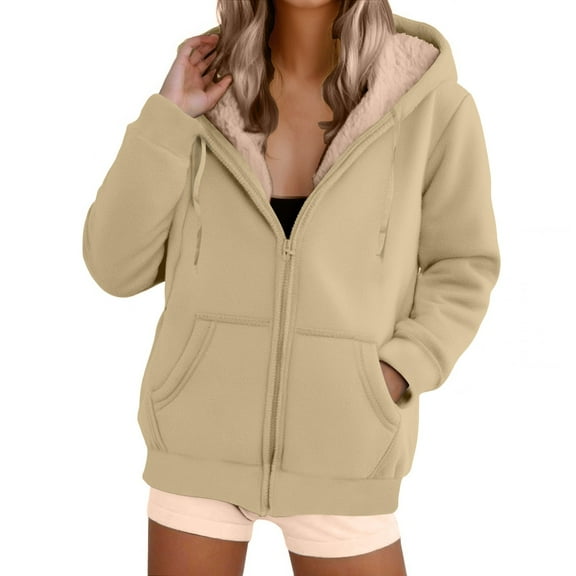 Dwralegc Fleece Lined Hoodie Women Thick Zip Up Sherpa Lined Hoodies Thermal Fleece Sweatshirt Warm Fall Winter Hoodie with Pockets Khaki M