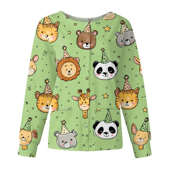 Dwralegc Green Scrub Jackets for Woman Long Sleeve Button up Plus Size Medical Scrub Top Cute Cartoon Print Nurses Working Uniforms Clearance Scrubs Sets Green 2XL