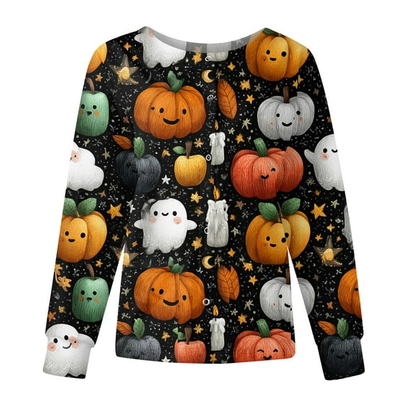 Dwralegc Halloween Black Scrubs Jacket for Women Clearance Scrubs Set Halloween Print Long Sleeve Scrub Tops Snap Front Working Nurses Uniforms Black L