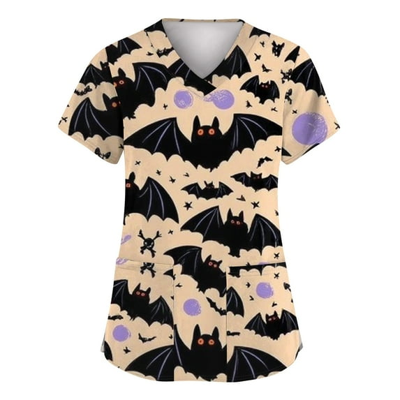 Dwralegc Halloween Khaki Scrubs for Women Nurse Uniforms Short Sleeve Halloween Nursing Tops Fun V Neck Scrub Shirts Pumpkins Printed Nurse Uniforms Khaki S