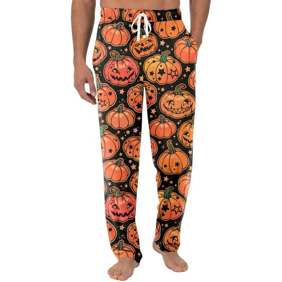 Dwralegc Halloween Pajama Mens Sweatpants Big and Tall Lightweight Joggers Halloween Print Wide-Leg Casual Pants Elastic Waist Drawstring Trousers with Pocket Saffron 2XL