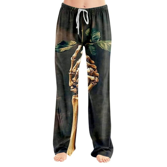 Dwralegc Halloween Pajama Pants for Women Cute Halloween Printed Long Bottoms Casual Pajama Pants Elastic Waist Drawstring Fuzzy Pjs Pants Dark Gray L