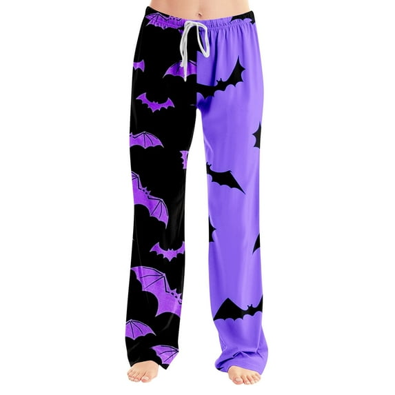 Dwralegc Halloween Pajama Pants for Women Cute Halloween Printed Long Bottoms Lounge Pajama Pants Elastic Waist Drawstring Fuzzy Pj Pants Purple L