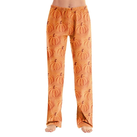 Dwralegc Halloween Pajama Pants for Women Long Bottoms Casual Pajamas Pants Elastic Waist Funny Halloween Printed Soft Pj Pants Saffron XL