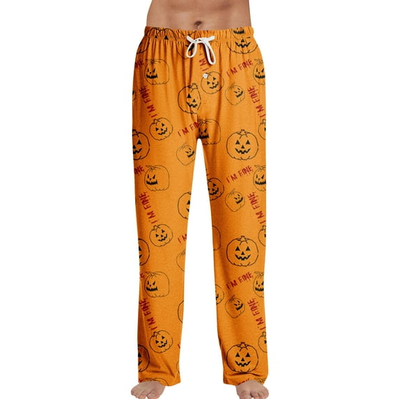 Dwralegc Halloween Pj Pants for Men Long Bottoms Lounge Pajama Pants Elastic Waist Funny Halloween Printed Fuzzy Pjs Pants Earthy Yellow S