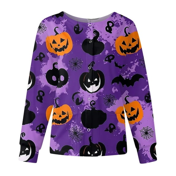 Dwralegc Halloween Purple Scrubs Jacket for Women Long Sleeve Snap Front Warm up Medical Scrub Top Halloween Printed Nurses Working Uniform Lightweight Scrubs Sets Purple M