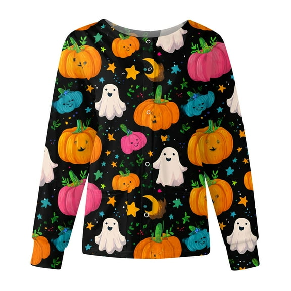 Dwralegc Halloween Scrub Jackets for Woman Crew Neck Long Sleeve Button up Nurses Uniform Halloween Print Working Lightweight Lab Coat Blue 3XL
