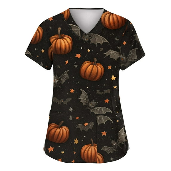Dwralegc Halloween Scrub Tops Women Medical Scrubs Plus Size Short Sleeve Nursing Tops Fun V Neck Scrub Shirts Halloween Printed Nurse Uniforms Navy 4XL