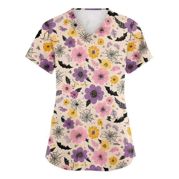 Dwralegc Halloween Scrub Tops Women Nurse Uniforms Short Sleeve Halloween Nursing Tops Fun V-Neck Scrub Shirts Pumpkins Printed Medical Scrubs Navy XL Purple Pink M
