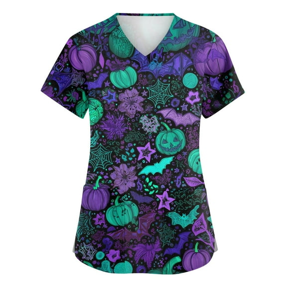 Dwralegc Halloween Scrub Tops Women Plus Size Medical Scrubs Short Sleeve Halloween Nursing Tops Fun V-Neck Scrub Shirts Pumpkins Printed Nurse Uniforms Purple Pink XL Purple 2XL