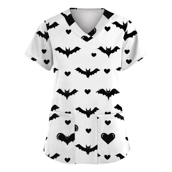 Dwralegc Halloween Scrub Tops Women Plus Size Spooky Season Scrub Shirts V-Neck Short Sleeve Funny Pumpkins Printed Nurse Uniforms Fun Workwear White S
