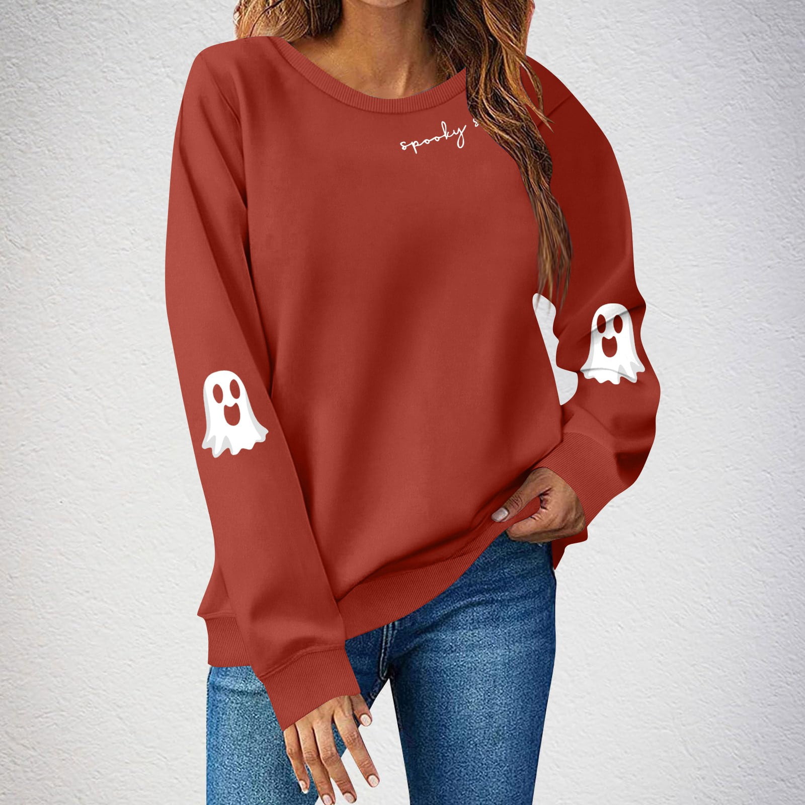 Dwralegc Halloween Shirts for Women Cute Ghost Printed Sweatshirt Long ...