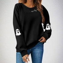 Dwralegc Halloween Sweaters for Women Funny Ghost Printed Sweatshirt Long Sleeve Crewneck Casual Shirt Plus Size Halloween Spooky Season Hoodies Black XL