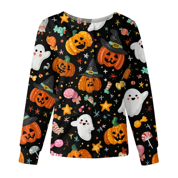 Dwralegc Halloween Womens Scrubs Jacket Cute Lab Coat Halloween Printed Long Sleeve Scrub Tops Snap Front Working Nursing Uniforms Navy 2XL