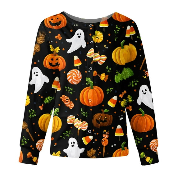 Dwralegc Halloween Womens Scrubs Jacket Halloween Print Long Sleeve Button up Plus Size Medical Nurses Working Uniform Stretchy Scrubs Set Multicolor XL