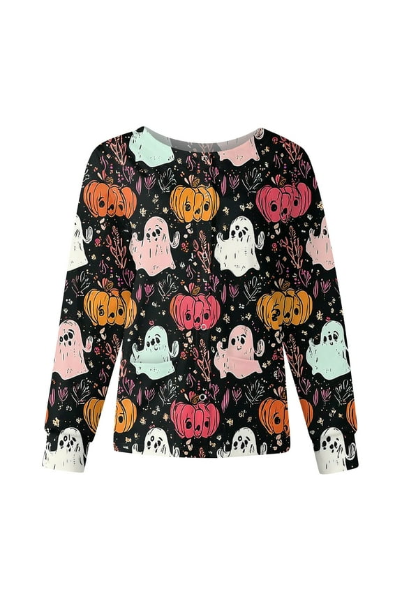 Halloween Womens Scrubs Jacket Lightweight Lab Coat Halloween Print Long Sleeve Scrub Tops Snap Front Working Nurses Uniforms Hot Pink 2XL