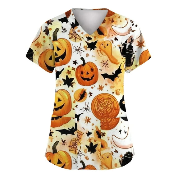 Dwralegc Halloween Womens Scrubs Pumpkins Fun Halloween Shirts Short Sleeve Plus Size Scrubs Funny V Neck Scrub Shirts Pumpkins Printed Nurse Uniforms Orange M