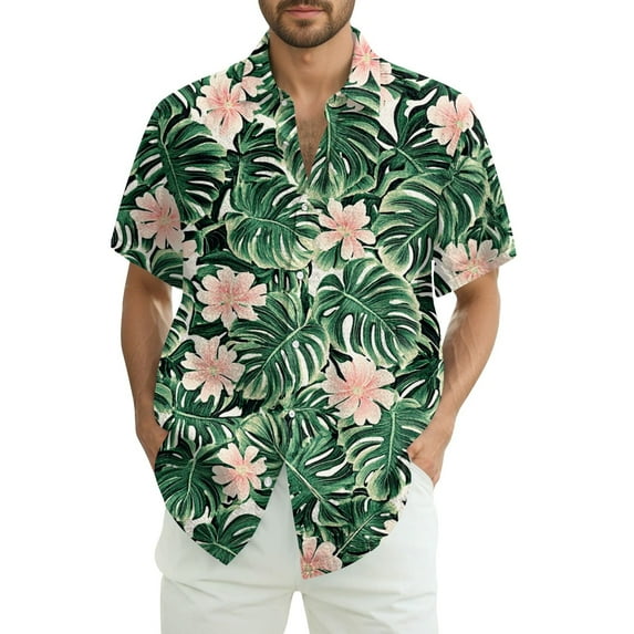 Dwralegc Hawaiian Shirt for Men Henley Trendy Hawaii Shirts Big & Tall Floral Tropical Printed Tops Summer Short Sleeves Lapel Collar Outfits Dark Green 2XL