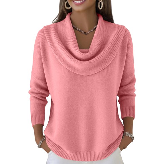 Dwralegc Holiday Sweaters for Women Dressy Fashion Solid Color Jumper Knitted Tops Long Sleeve Clothes Cowl Neck Cozy Fall Winter Sweaters Watermelon Red L