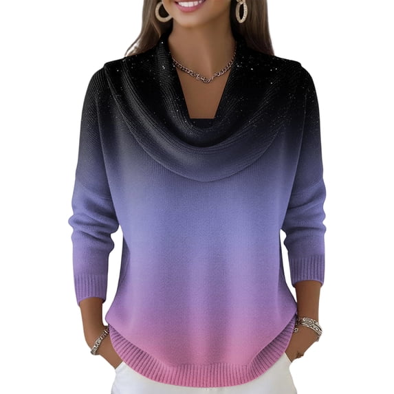 Dwralegc Holiday Sweaters for Women Dressy Trendy Multicolor Cowl Neck Knit Blouses Jumper Pullover Long Sleeve Fashion Autumn and Winter Sweaters Purple Pink 2XL